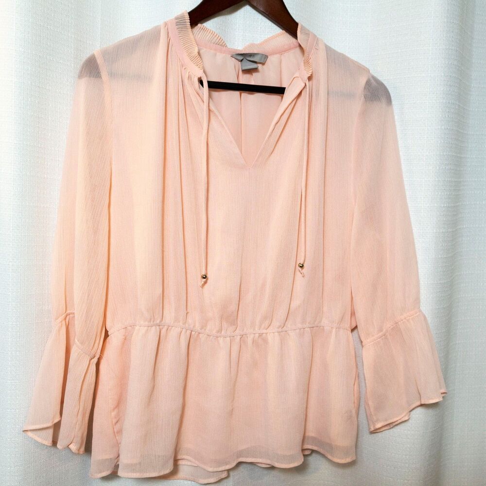 H&M Pink Chiffon Blouse Women’s Large Boho Peplum Bell Sleeve Sheer Top